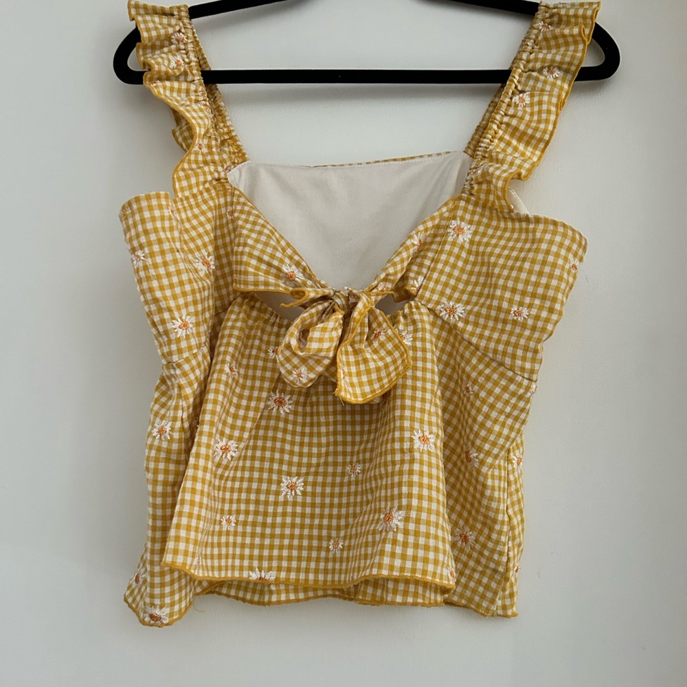 Yellow Gingham Ruffle Strap Blouse - Picture 2 of 3